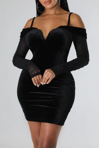 Sexy Solid Patchwork Backless Off the Shoulder Long Sleeve Dresses