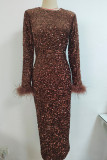 Sexy Elegant Solid Sequins Patchwork Feathers O Neck One Step Skirt Dresses