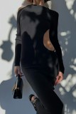 Sexy Solid Backless Slit Asymmetrical O Neck Long Sleeve Dresses