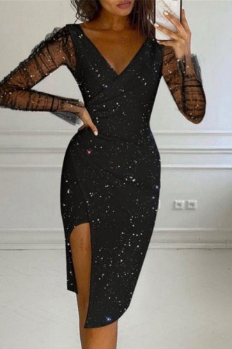 Sexy Patchwork Sequins See-through V Neck Long Sleeve Dresses