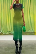 Sexy Gradual Change Print See-through O Neck Short Sleeve Dress Dresses