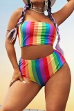 Sexy Striped Print Backless Strapless Plus Size Swimwear