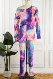 Casual Print Tie Dye Basic O Neck Long Sleeve Two Pieces