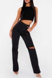 Casual Ripped Straight High Waist Straight Solid Color Jeans