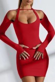 Sexy Casual Solid Hollowed Out Halter Long Sleeve Dresses
