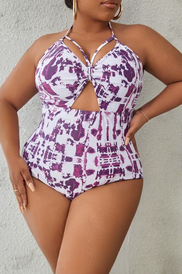 Sexy Print Bandage Hollowed Out Backless Halter Plus Size Swimwear (Without Belt)