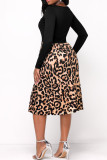Sexy Print Leopard Patchwork Asymmetrical Collar A Line Dresses