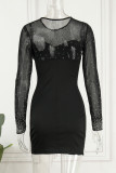 Sexy Patchwork Hot Drilling See-through O Neck Long Sleeve Dresses