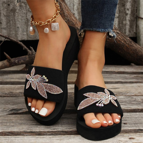 Casual Patchwork Solid Color Rhinestone Round Comfortable Wedges Shoes (Heel Height 1.97in)