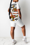 Casual Street Print Bandage Patchwork O Neck Short Sleeve Two Pieces
