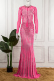 Sexy Patchwork Hot Drilling See-through O Neck One Step Skirt Dresses