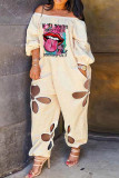 Fashion Casual Print Hollowed Out Off the Shoulder Regular Jumpsuits