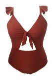 Sexy Solid Hollowed Out Backless Spaghetti Strap Plus Size Swimwear (With Paddings)