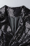 Casual Solid Sequins Patchwork Buttons Turn-back Collar Long Sleeve Two Pieces