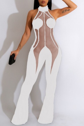 Sexy Solid Bandage Patchwork See-through Backless Halter Skinny Jumpsuits