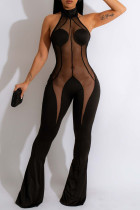 Sexy Solid Patchwork See-through Backless Halter Straight Jumpsuits