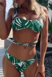 Sexy Print Backless Cross Straps Slit Swimsuit Three Piece Set (With Paddings)