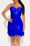 Sexy Solid Sequins Patchwork Feathers Spaghetti Strap Sling Dress Dresses