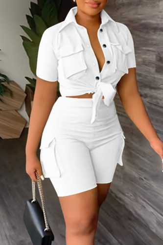 Casual Solid Bandage Patchwork Pocket Buckle Turndown Collar Short Sleeve Two Pieces