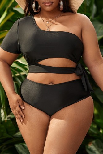 Sexy Solid Bandage Backless Oblique Collar Plus Size Swimwear (With Paddings)