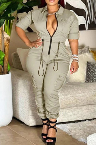 Casual Street Solid Patchwork Pocket Zipper Collar Plus Size Jumpsuits