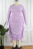 Elegant Solid Patchwork Flounce Fold Asymmetrical O Neck Pencil Skirt Plus Size Dresses