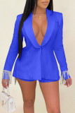 Casual Solid Tassel Patchwork Asymmetrical Turn-back Collar Long Sleeve Two Pieces