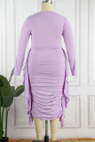 Elegant Solid Patchwork Flounce Fold Asymmetrical O Neck Pencil Skirt Plus Size Dresses