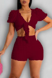 Sexy Solid Bandage Patchwork V Neck Short Sleeve Two Pieces