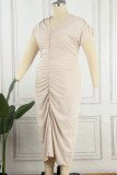 Casual Solid Fold V Neck Short Sleeve Dress Plus Size Dresses