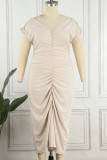 Casual Solid Fold V Neck Short Sleeve Dress Plus Size Dresses