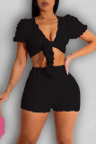 Sexy Solid Bandage Patchwork V Neck Short Sleeve Two Pieces