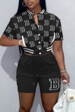 Casual Print Patchwork Buckle Mandarin Collar Short Sleeve Two Pieces