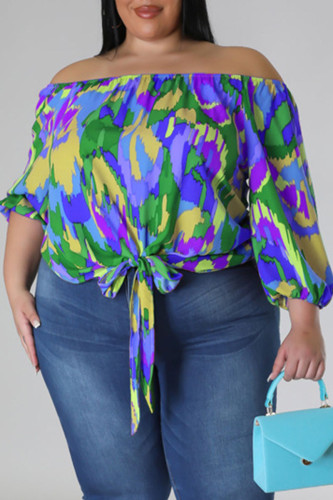 Casual Print Bandage Patchwork Off the Shoulder Plus Size Tops