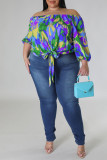 Casual Print Bandage Patchwork Off the Shoulder Plus Size Tops