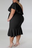 Casual Solid Patchwork Backless Oblique Collar Plus Size Dresses