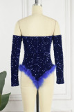 Sexy Solid Sequins Patchwork Feathers Off the Shoulder Skinny Bodysuits