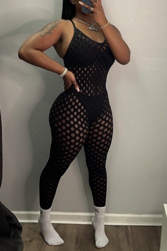 Sexy Solid Hollowed Out See-through Backless Spaghetti Strap Skinny Jumpsuits