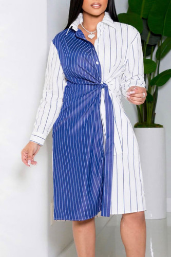 Casual Striped Print Bandage Patchwork Buckle Turndown Collar Straight Dresses