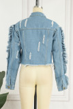 Casual Street Solid Patchwork Buckle Stringy Selvedge Turndown Collar Long Sleeve Straight Denim Jacket