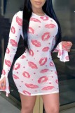 Casual Lips Printed See-through O Neck Long Sleeve Dresses