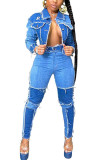 Europe and America Patchwork Solid Skinny Long Sleeve Two Pieces