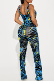 Sexy Print Patchwork See-through U Neck Skinny Jumpsuits