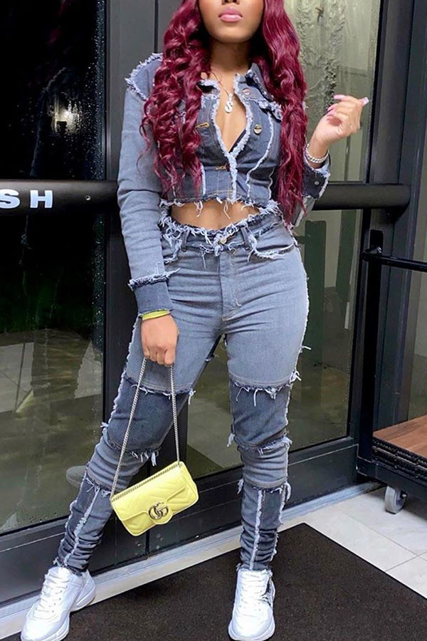 Europe and America Patchwork Solid Skinny Long Sleeve Two Pieces