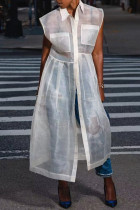 Street Solid Patchwork Buckle See-through Turndown Collar Straight Dresses