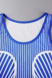 Casual Sportswear Striped Print Patchwork O Neck Sleeveless Two Pieces
