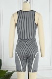 Casual Sportswear Striped Print Patchwork O Neck Sleeveless Two Pieces