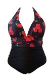 Sexy Print Bandage Patchwork Backless Halter Plus Size Swimwear (With Paddings)