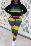 Casual Striped Print Patchwork Hooded Collar Long Sleeve Two Pieces