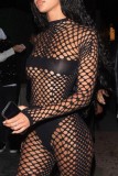 Sexy Solid Hollowed Out See-through O Neck Long Sleeve Two Pieces
